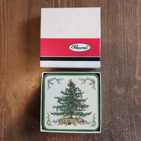 Vtg Pimpernel White Christmas Tree Coaster Set of 6 Cork Back England With Box - Picture 8 of 11